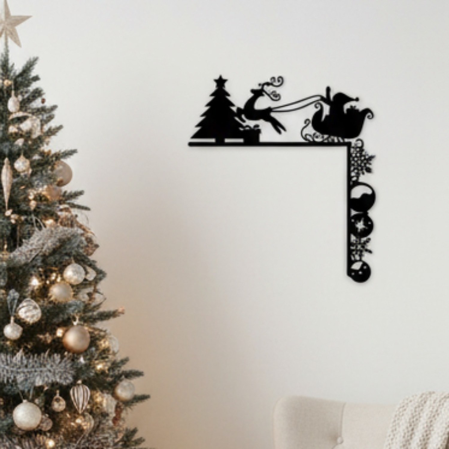 Metal Christmas Sleigh Wall Decor Sculpture, Holiday Door Corner Accent for Christmas, Halloween, and New Year Celebrations