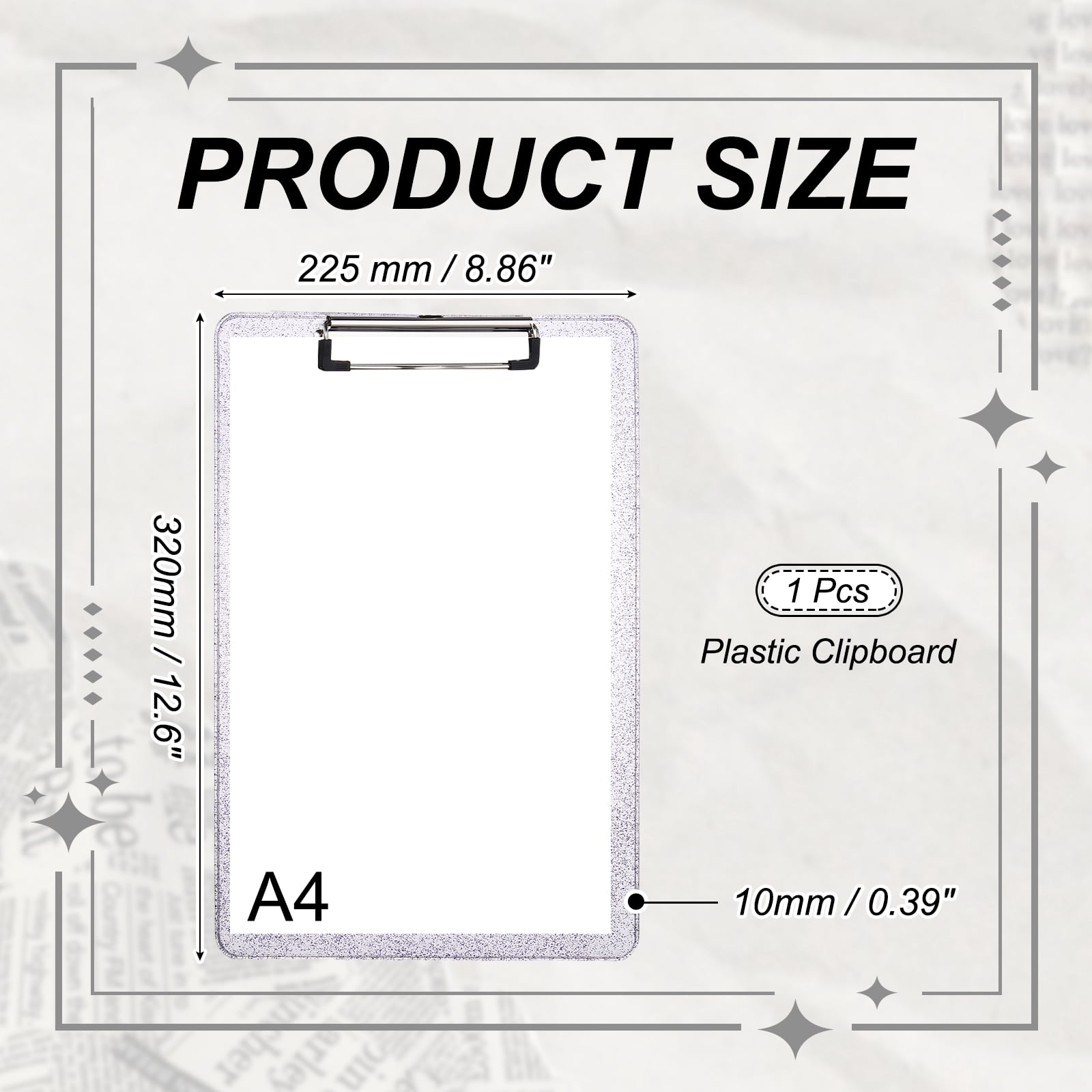 Uxcell Plastic Clip Boards, A4 Size Purple Stylish Clip Boards Glitter Design Cute Clipboards Office Supplies for Restaurant Shop Store Note Memo Card Sign Holder