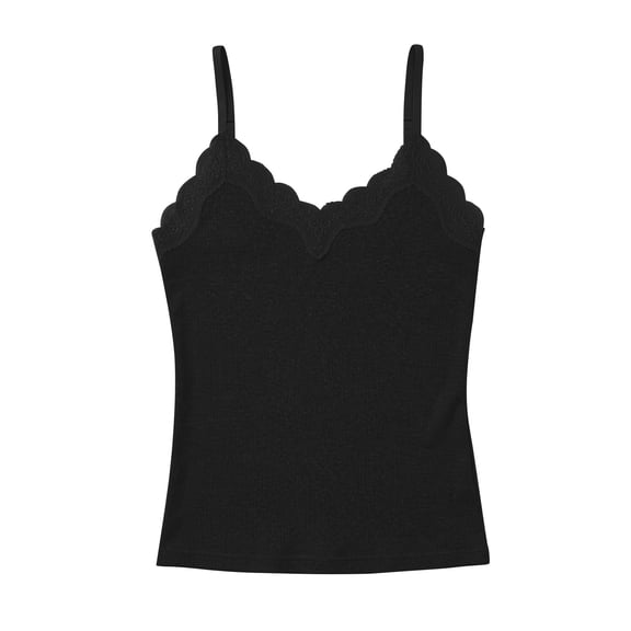 Womens Soft Tank Tops with Built in Bra Cami Women Cute Lace Shirts Summer Adjustable Spaghetti Straps Camisole Women Ribbed Breathable Cami Tanks Beach Travel Outfits, Black L