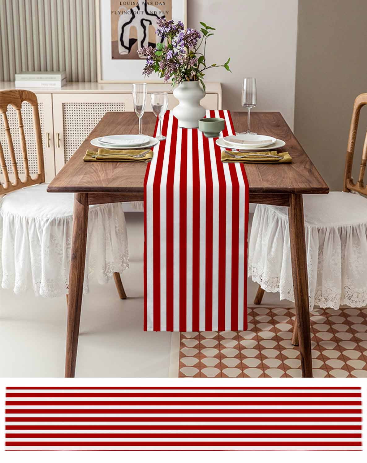 Red Striped Table Runner Christmas Farmhouse Red White Stripes Tablerunners 13 x 108 Inch, Table Decorations Tabletop Scarf for Summer Gathering Holiday Farmhouse Kitchen Dining Decor