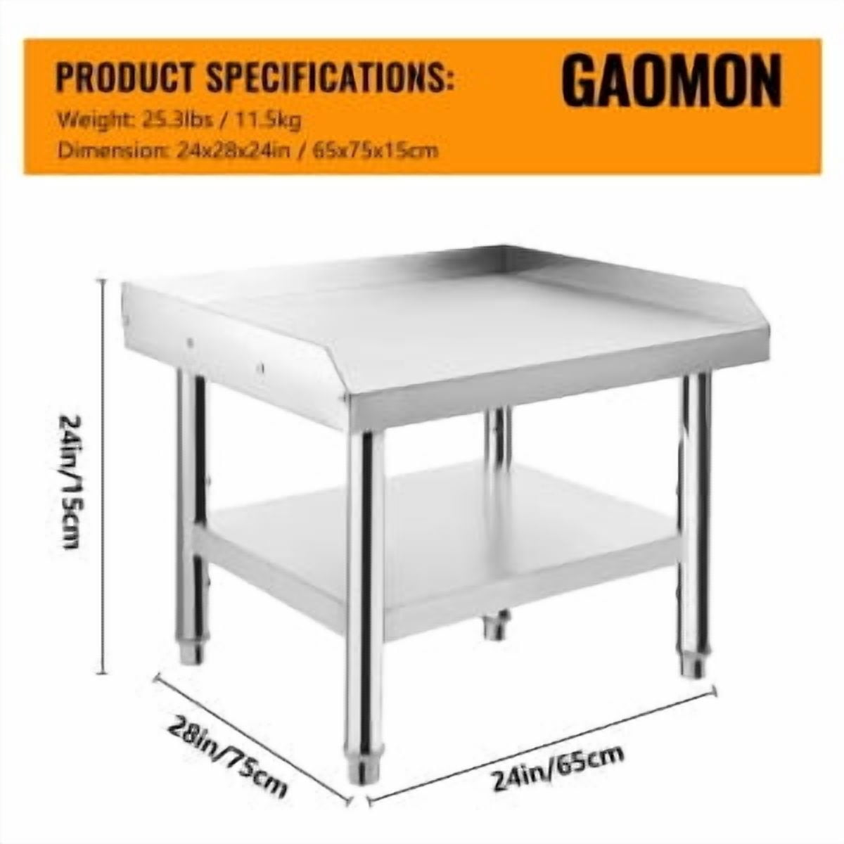 Stainless Steel Prep Table,24x24x24 Inches,with Backsplash, Adjustable Legs and Bottom Undershelf,Heavy-Duty Grill Stand Table for Outdoor Use Restaurants Hotels Workshops Kitchens Gardens Garages