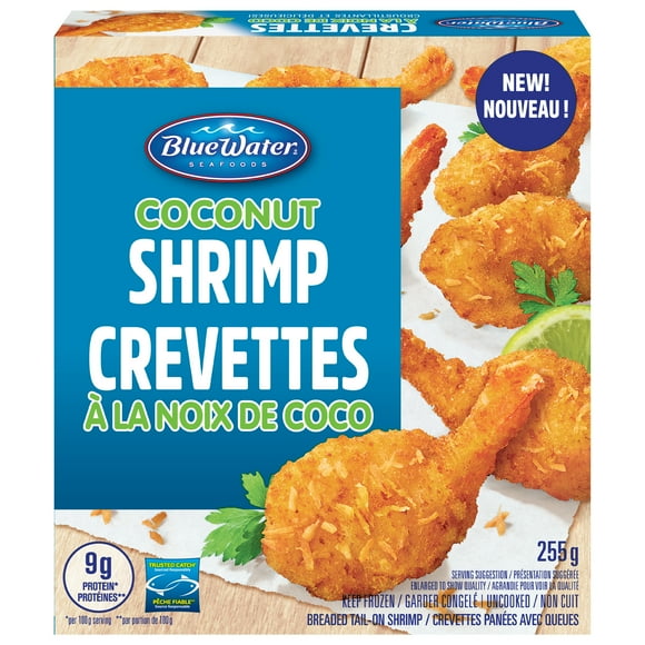 BlueWater Seafoods Coconut Shrimp Whole Shrimp, Breaded with Crunchy Panko Breadcrumbs, Frozen, 255 g Package, Crunchy coconut shrimp with panko breading