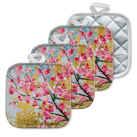 

4Pcs Pot Holder for Kitchen Pink Flowers Blossomed Luxuriously On Branches Composition Square Heat Resistant Hotpads 8x8in Non Slip Dirt-Proof Kitchen Cook Oven Potholders Machine Washable
