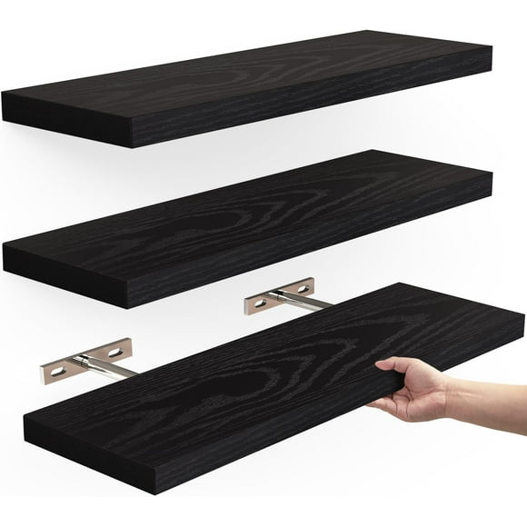Floating Shelves, Wall Mounted Rustic Wood Shelves for Bathroom, Bedroom, Living Room, Kitchen, Small Hanging Shelf for Books/Storage/Room Decor with 22lbs Capacity (Black, Set of 3, 16in)