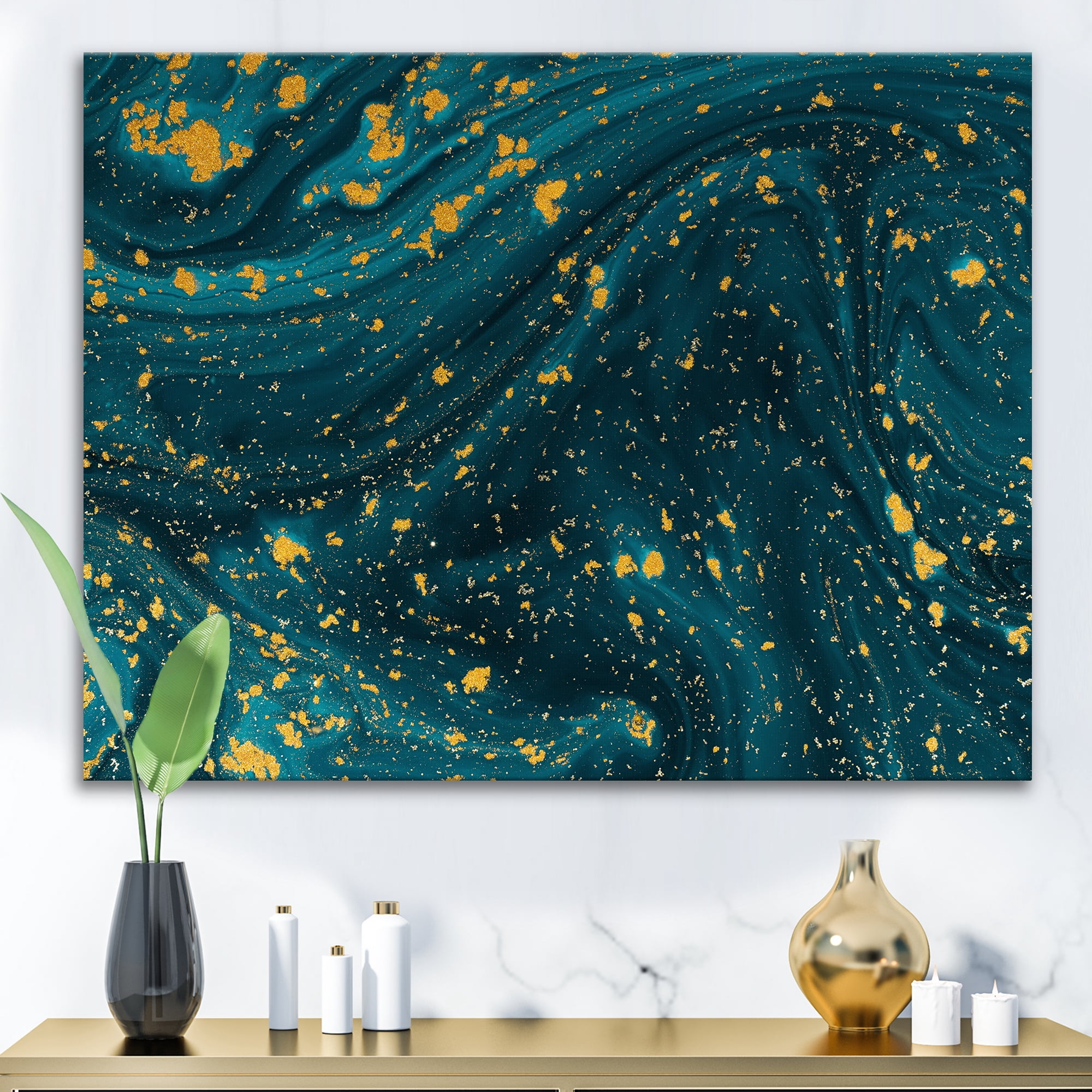Designart ' Golden Glitter With Dark Blue Marble ' Modern Canvas Wall Art Print