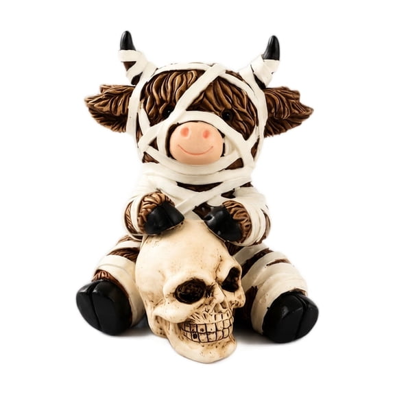 Mummy Highland Cow Resin Figurine with Skull, Cute Halloween Decor Statue, Halloween Decorations Indoor Tabletop Display, Ideal Halloween Gifts