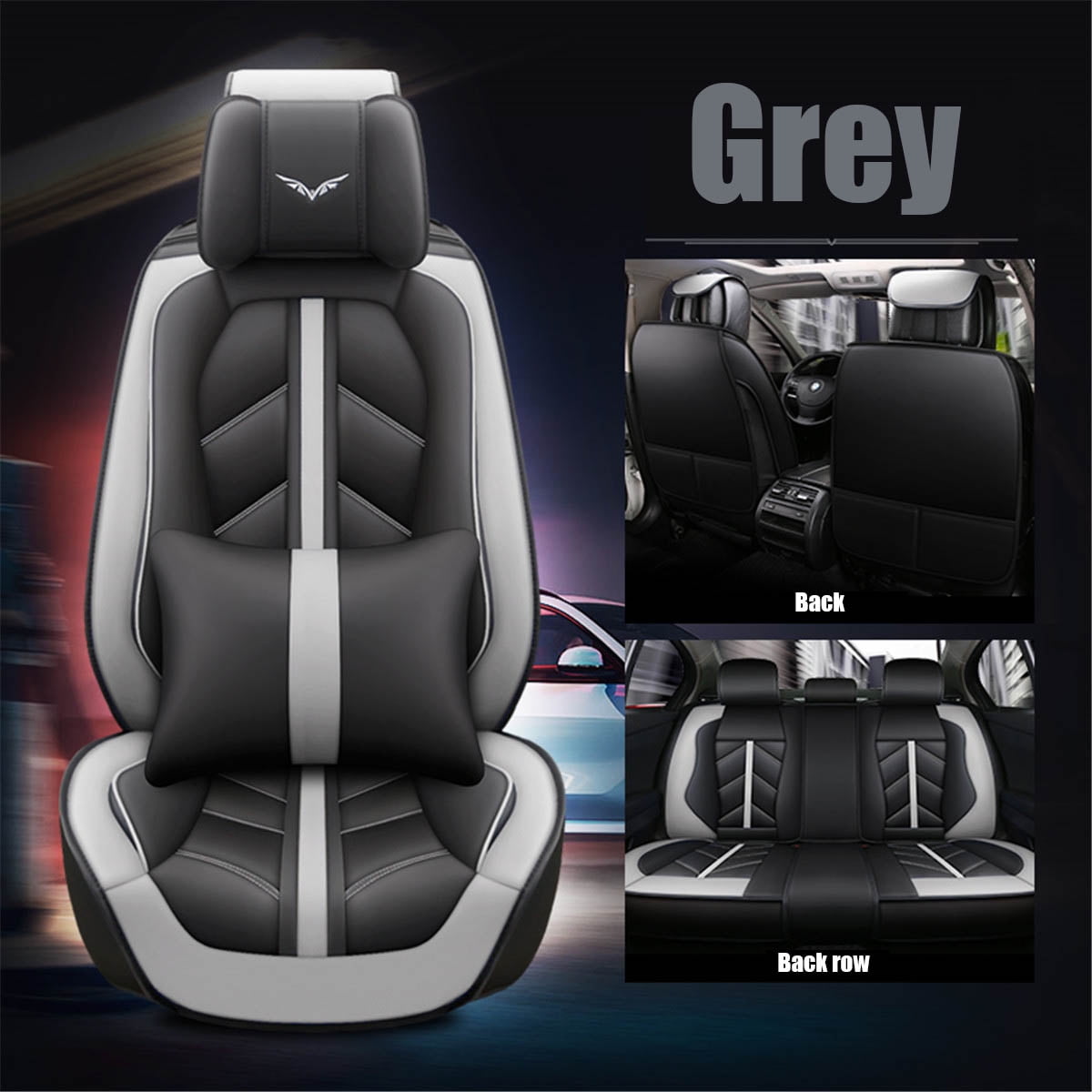 Deluxe Premium Grey PU Leather Front 1+1 Seat Covers Cushion For