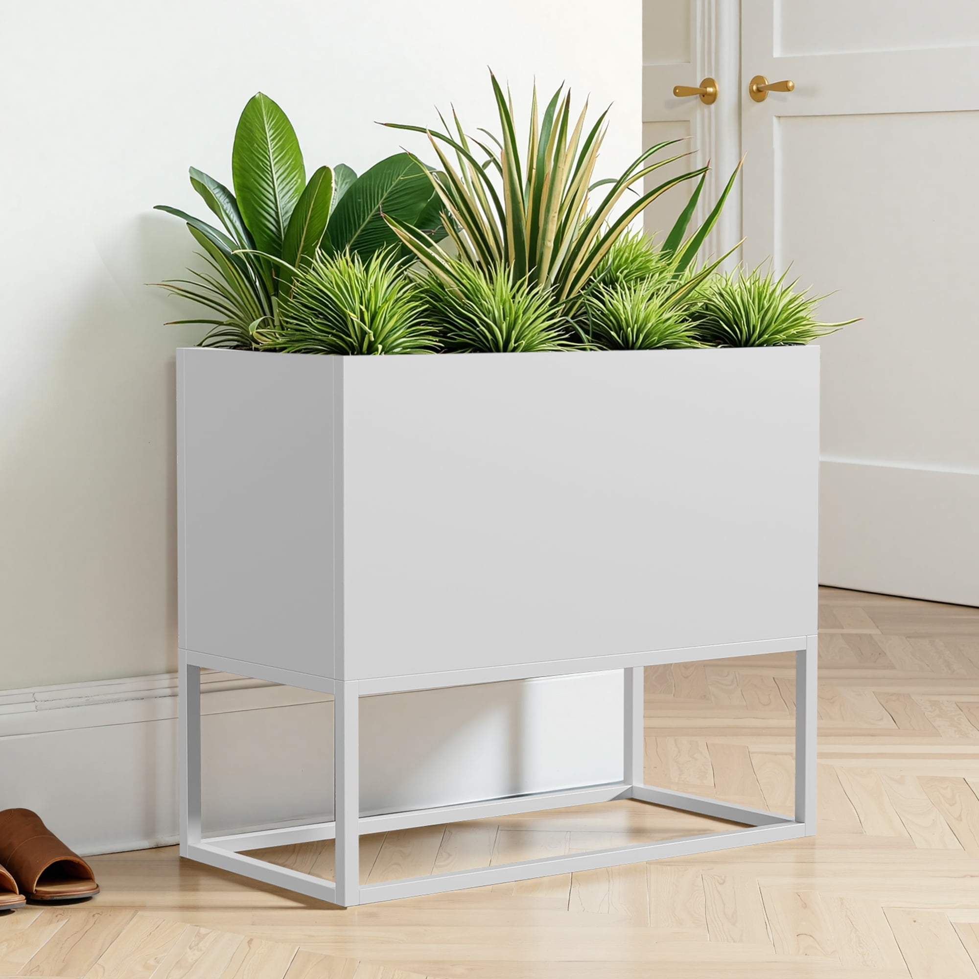 MAYEERTY 36*18"Large Metal Planter with Shelves&Drainage Holes for Tall Plants&High-Traffic Areas,White