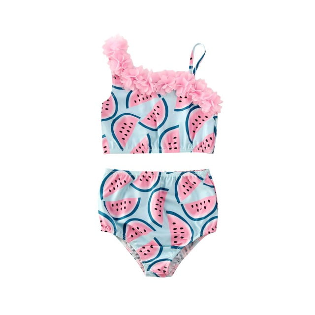 KIDDAD Toddler Baby Girl Watermelon Print Halter Ruffled Tops+Short Pants+Headband 3PCS Swimsuit Outfits Set