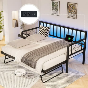 Merluxy Twin DayBed with Charging Station and LED Lights, Metal Twin Daybed with Trundle, Versatile Sofa Bed Frame with Steel Slat Support for Living Room, Bedroom, Guest Room, Black