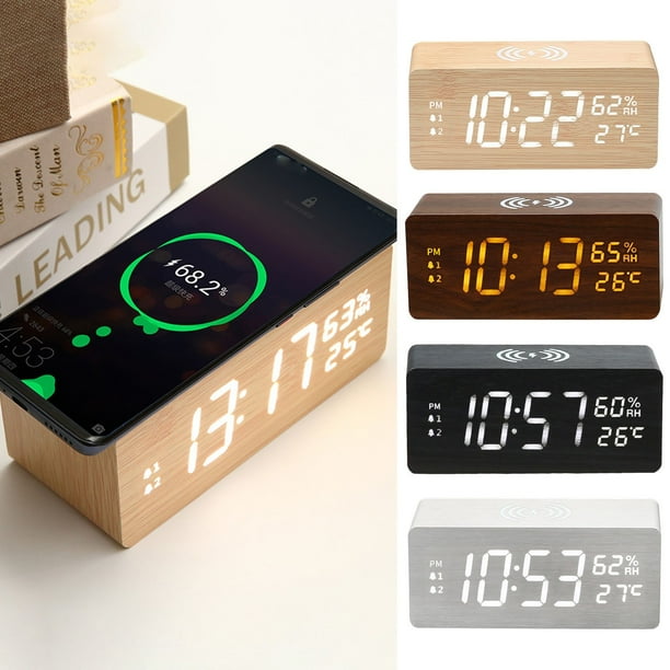 Fiudx Reloj de Madera con Carga Inalámbrica, Pantalla de Temperatura y Humedad, Luz Nocturna Led y Modo Silencioso, Diseño Inteligente Multifuncional, Carga Rápida, Ideal para Oficina En Casa, Tamaño