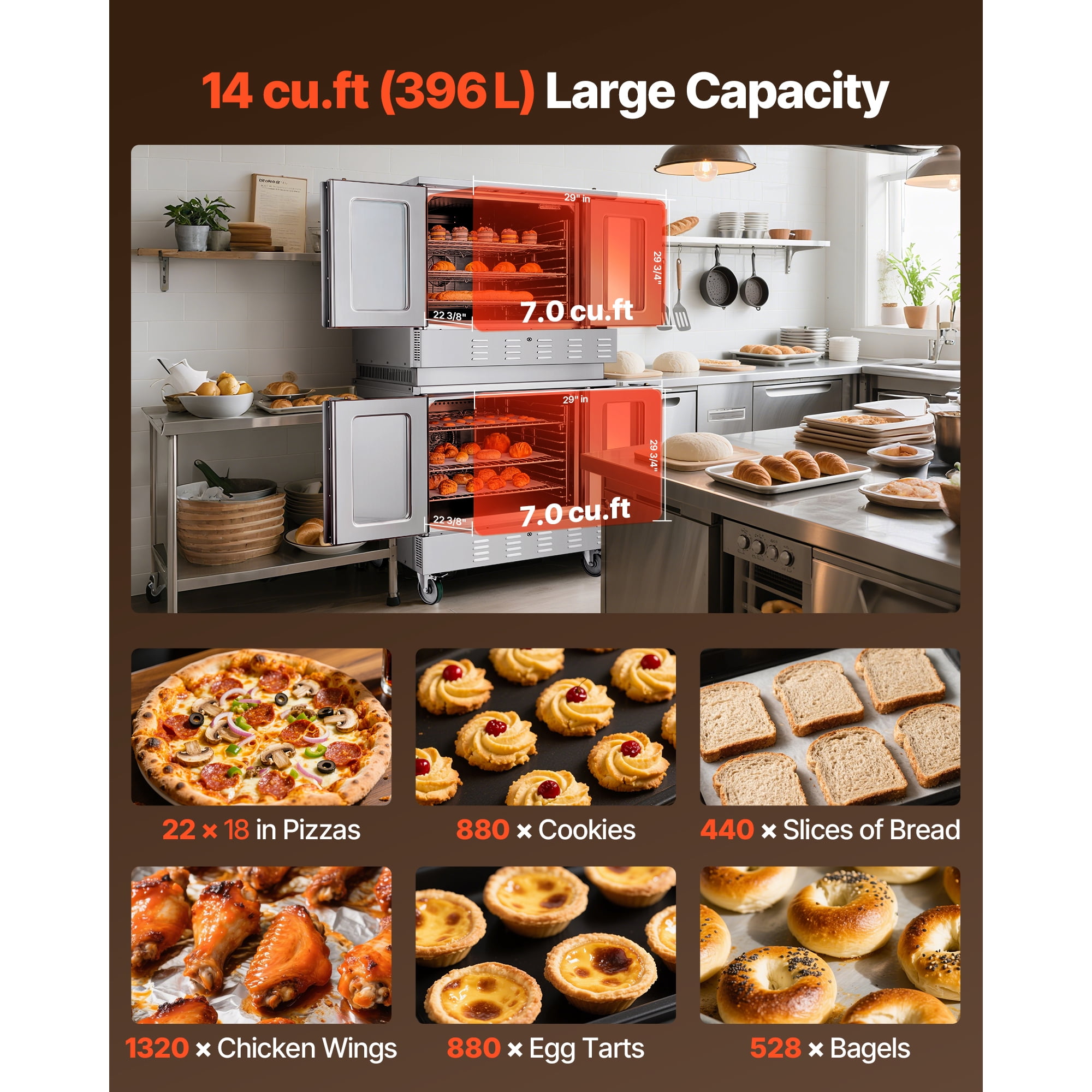 KFFKFF Double Deck Gas Convection Oven,14 cu.ft Full-Size Commercial Oven, 40,000 BTU x 2 High-Performance Burners, Natural Gas Oven with Dual Fan Modes, Ideal for Bakeries, Restaurants, and Kitchens