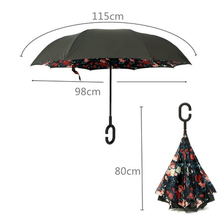 Windproof Free Folding C-Handle Double Layer Upside Down Inverted Rain ...