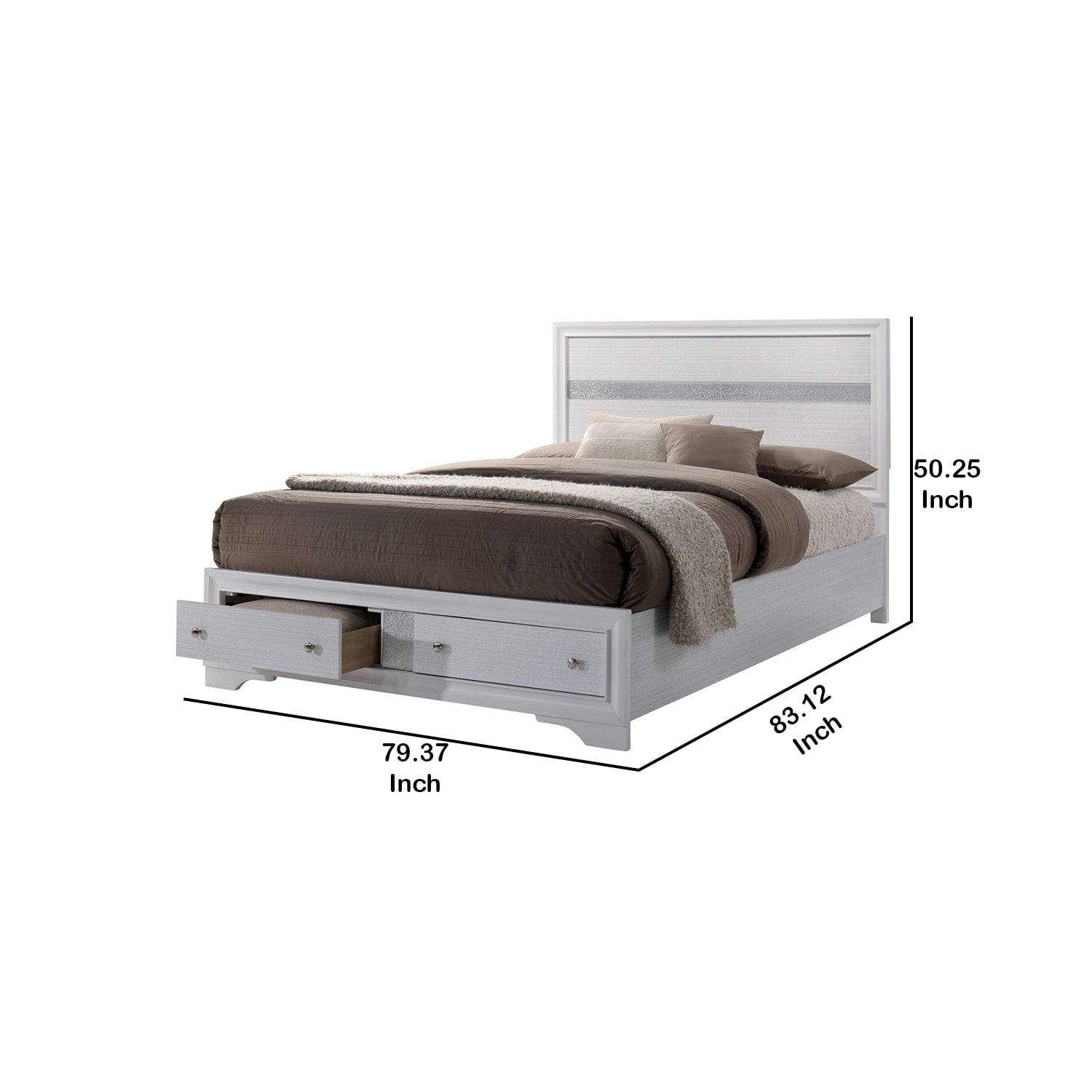 Benzara Solid Wood Eastern King Bed with 2 Storage Drawers in White