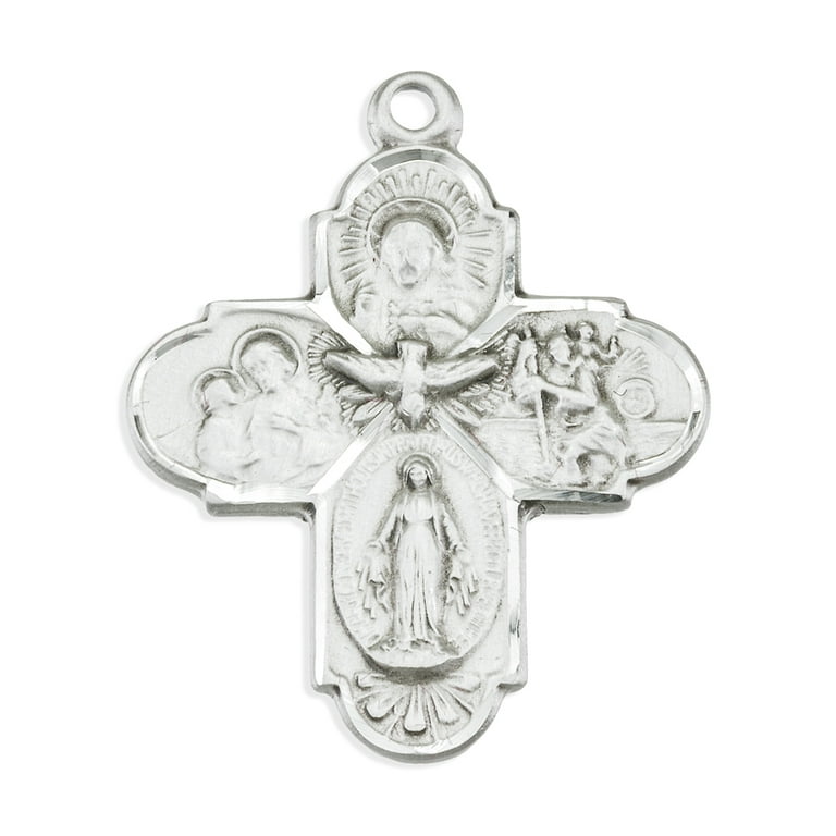 Catholic 4-Way Medal Cross Cruciform Pendant with Miraculous Medal