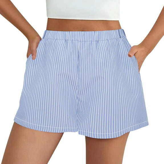 GZWYHT Shorts for Women Lounge Pants Women Women's Summer Fashionable Casual Loose Back Patch Pocket Striped Shorts Comfy Pants Women Flowy Shorts for Women Blue L