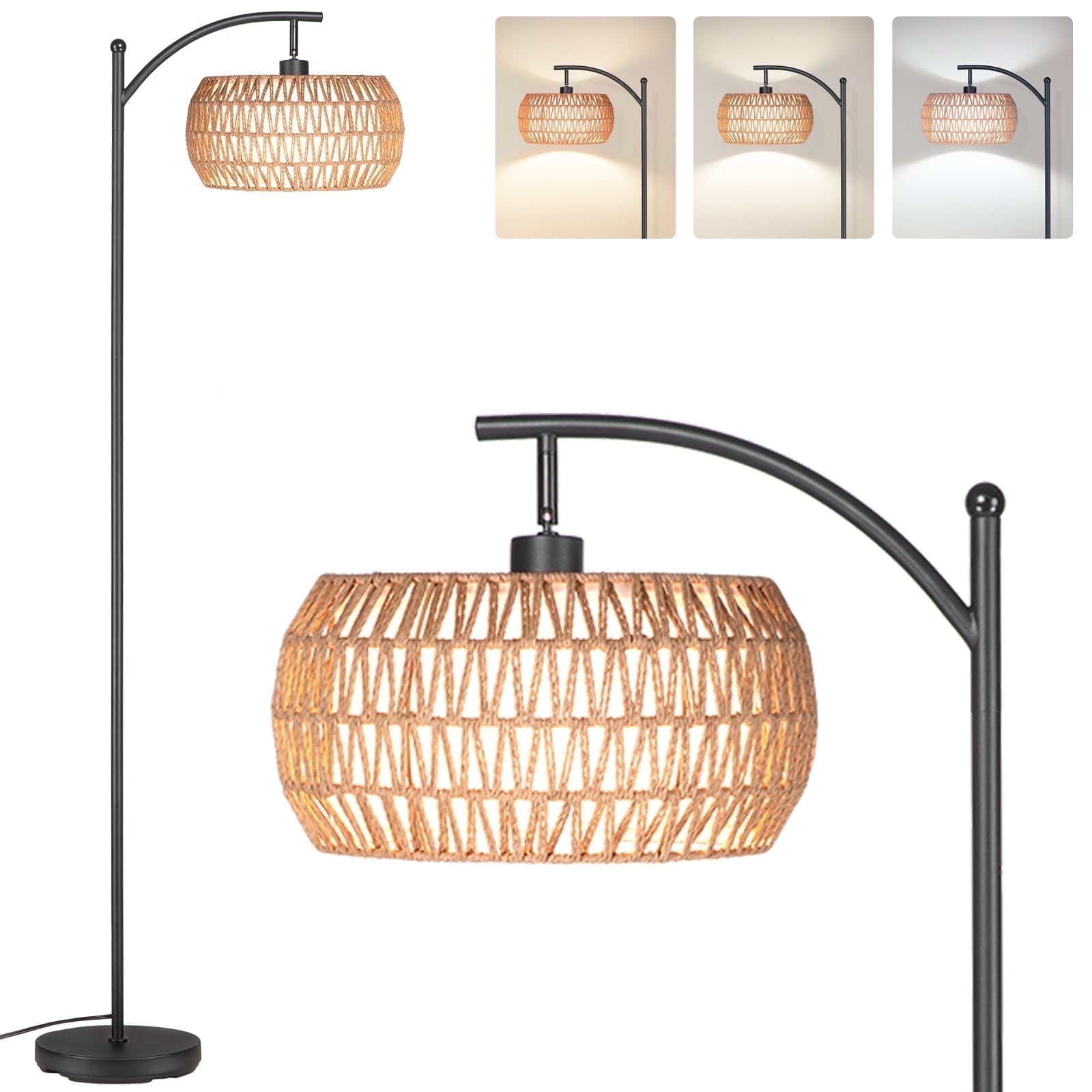 SUNMORY 63'' Dimmable Arc Rattan Floor Lamp, Black Standing Lamp with Rattan & Fabric Double Drum Shade, Boho Farmhouse Tall Lamp for Living Room, Lamps for Bedroom
