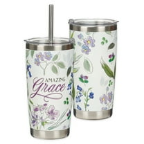 Christian Art Gifts Reusable Stainless Steel Travel Mug Tumbler w/Straw for Women: Amazing Grace, Cute Inspirational Double Wall Vacuum Insulated, Pop-up Lid, Hot/Cold, White & Purple Floral, 18 oz.
