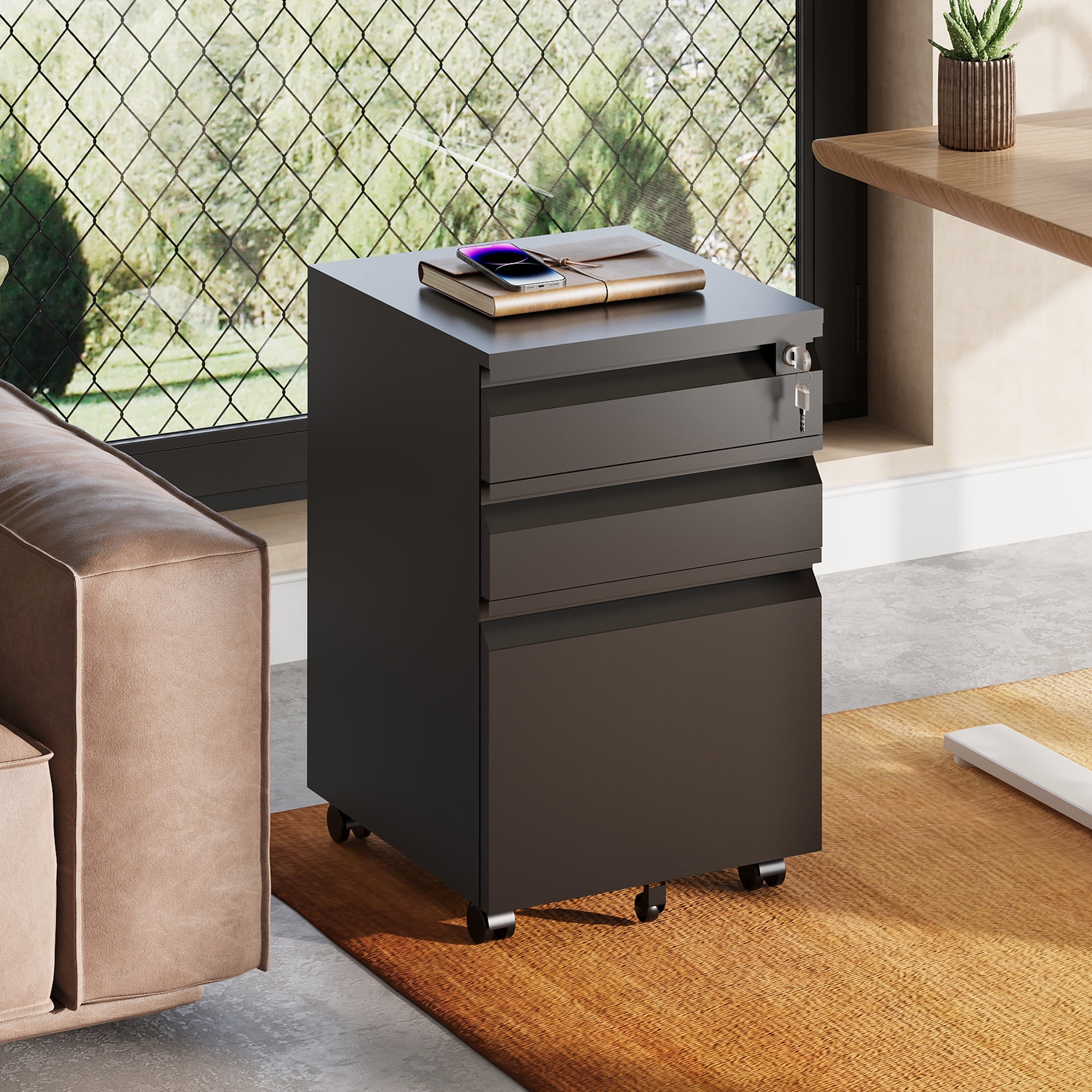 GALAXHERO File Cabinet 3 Drawer, Metal Filing Cabinet on Wheels for Home Office, Under Desk Storage with Lock, Fits Letter/A4/Legal Size, Black