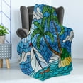 thumbnail image 4 of Summer Soft Flannel Fleece Throw Blanket, Stained Glass Mosaic Fractal Style Island Theme with Ship at Sea Palm Tree Exotic, Cozy Plush for Indoor and Outdoor Use, 70" x 90", Multicolor, by Ambesonne, 4 of 5