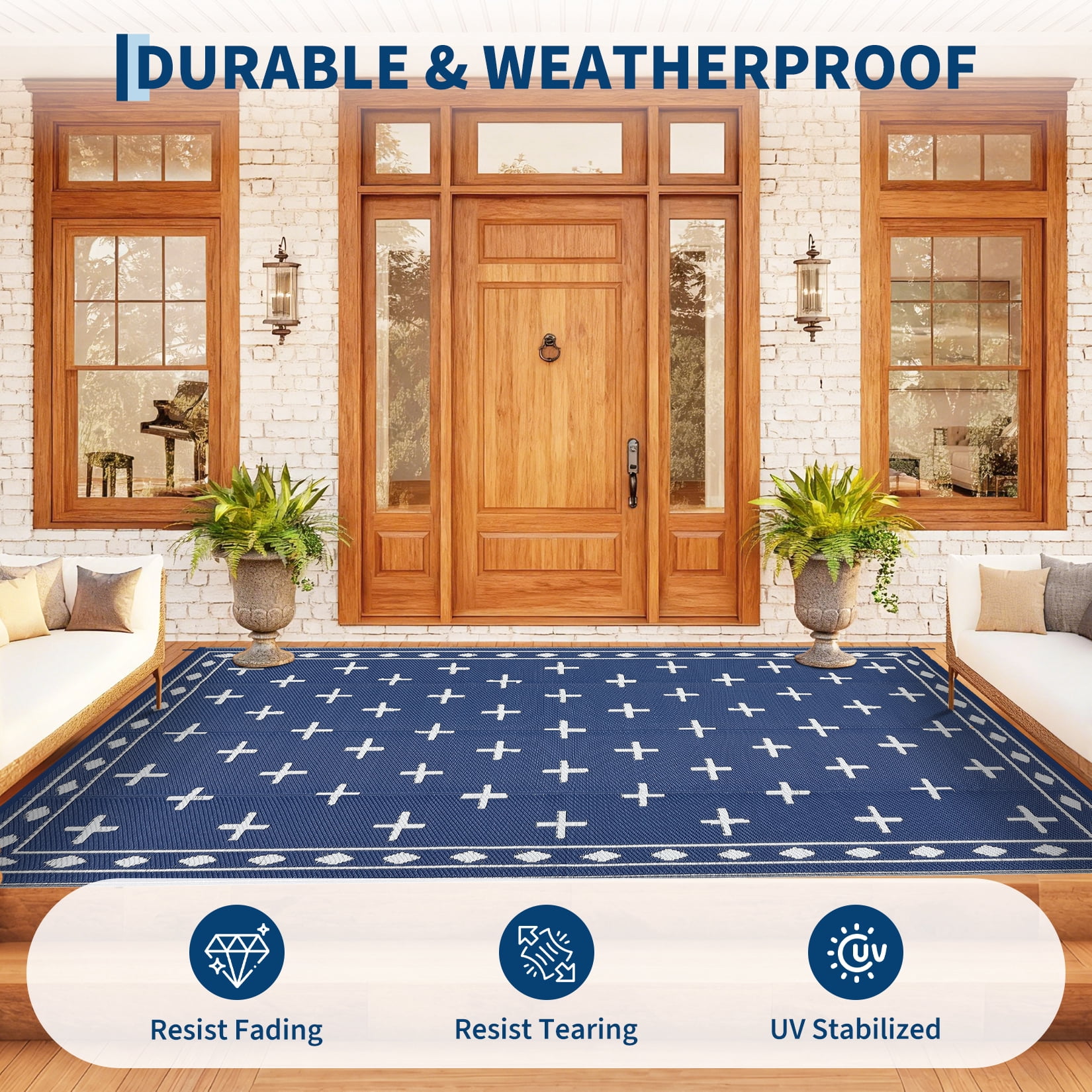 Geometric Outdoor Rug 9x12, Reversible Waterproof Plastic Straw Area Mat for Patio, RV Awning, Garden, Deck, Balcony, Camping and Beach,Dark Blue