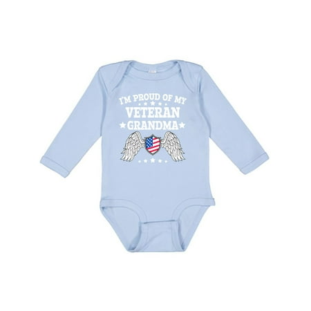 

Inktastic I m Proud of My Veteran Grandma with Shield American Flag and Angel Wings Gift Baby Boy or Baby Girl Long Sleeve Bodysuit