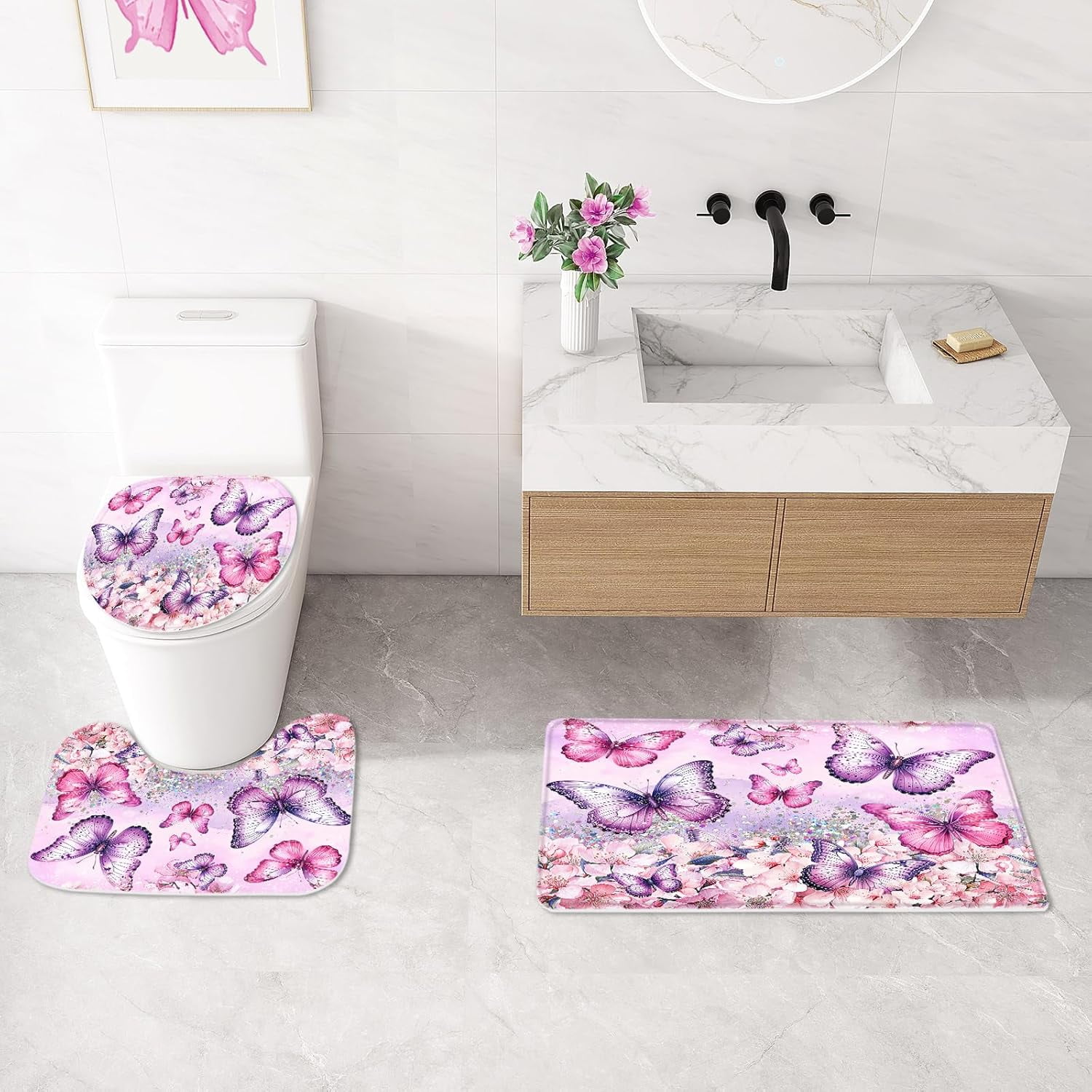 4 Pcs Purple Butterfly Shower Curtain Set with Non-Slip Rugs, Modern Toilet Lid Cover and Bath Mat, Floral Chic Bathroom Decor Set with Shower Curtain and Rugs