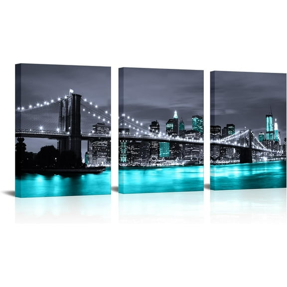 Black White and Teal Blue New York Brooklyn Bridge Cityscape Night Building Skyline Picture Canvas Prints Wall Art for Modern Home Office Bedroom Decoration