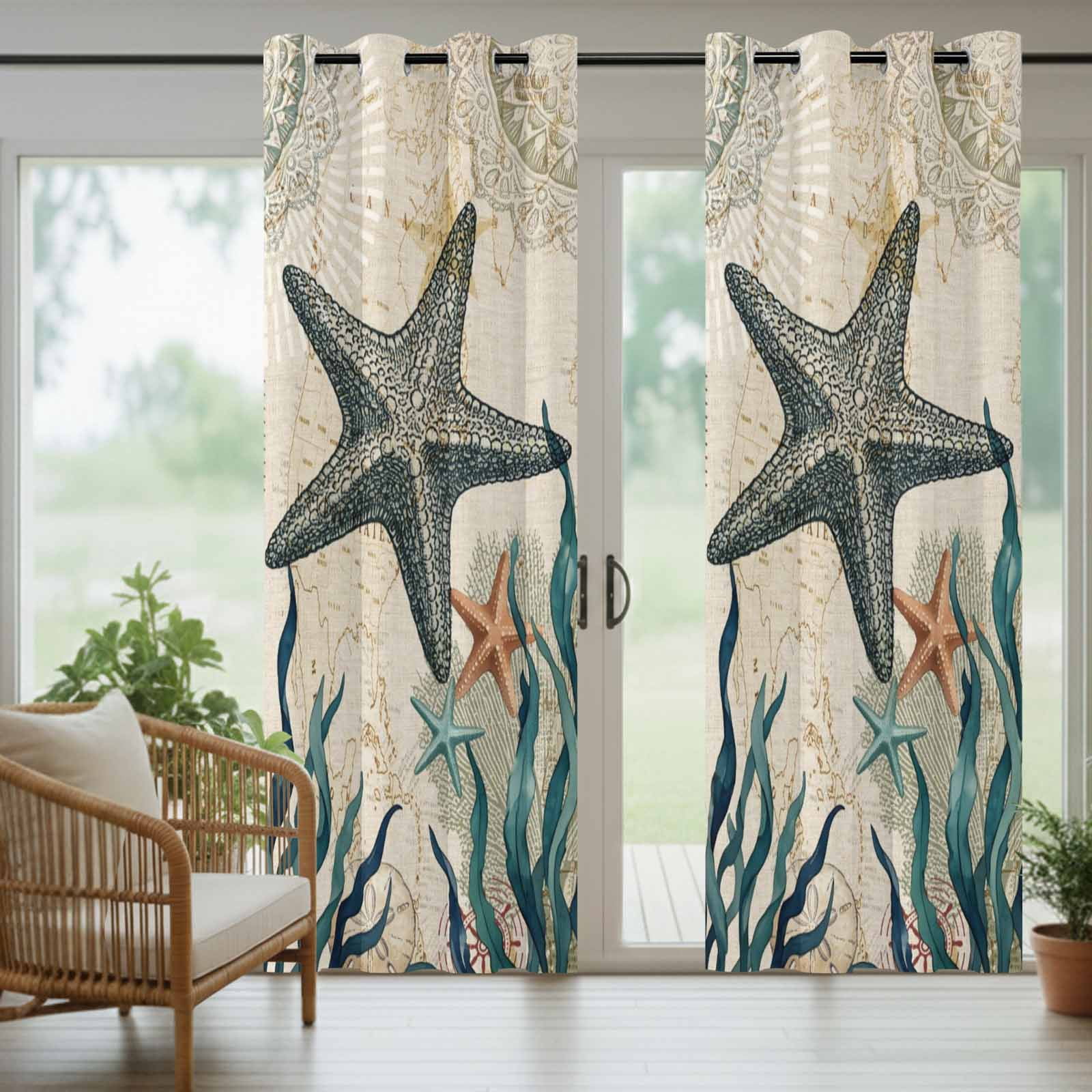 Rustic Ocean Starfish Outdoor Curtains for Patio, Country Nautical Coastal Beach Seaweed Sand Dollar Sunshade Privacy Drapes Grommet Waterproof Outside Curtains for Porch Balcony 54"x108", 1 Panel