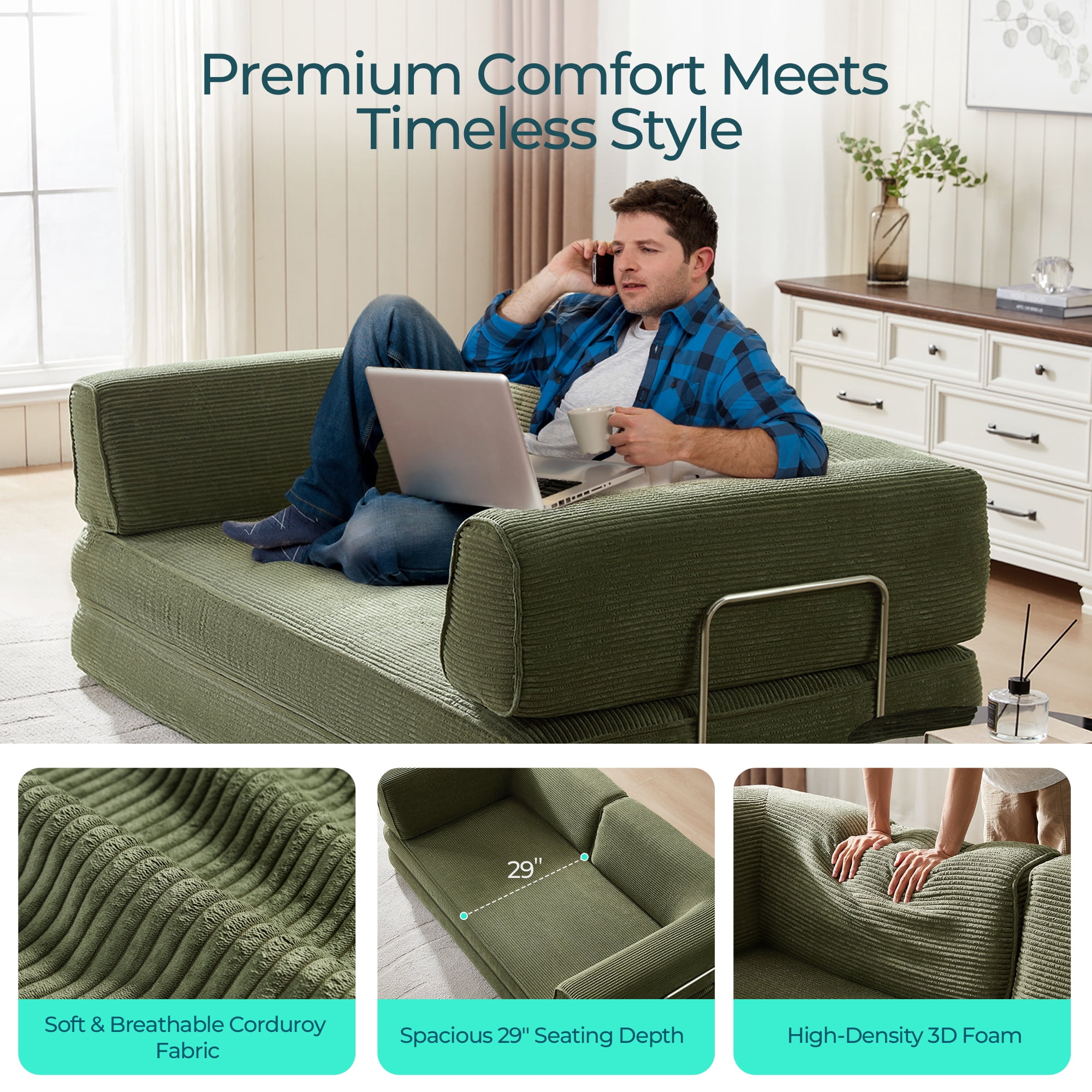 Linsy Home Corduroy Futon Sofa Bed Couch, Convertible Boneless Cloud Couch Bed,  King Size Sleeper Sofa Bed, Green