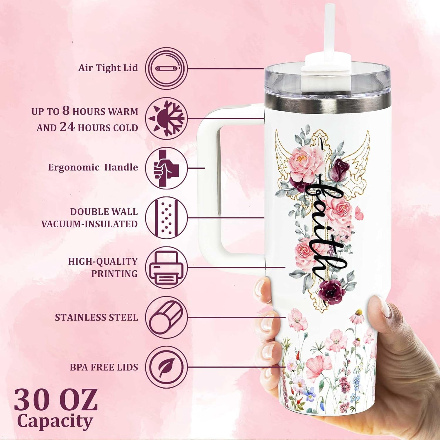 Christian Gifts For Women Faith - Christian 30 OZ Tumbler Travel Cup - Mother''s Day, Birthday, Christmas Gifts for Women - Inspirational, Catholic, Religious Gifts For Mom, Friend, Sister, Grandma