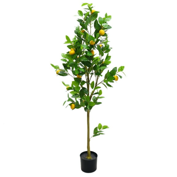 Tzou 5ft/6ft Artificial Lemon Tree with Faux Fruit - Realistic Silk Leaves & Trunk, Indoor/Outdoor Faux Plant in Cement Pot for Living Room, Balcony Decor