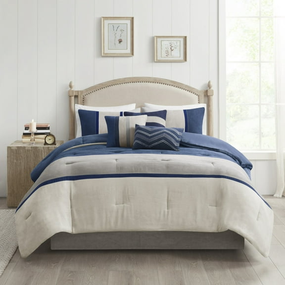 GDF Studio 7-Piece Faux Suede Comforter with Pillows & Shams, Queen Size Bedding Set, Blue