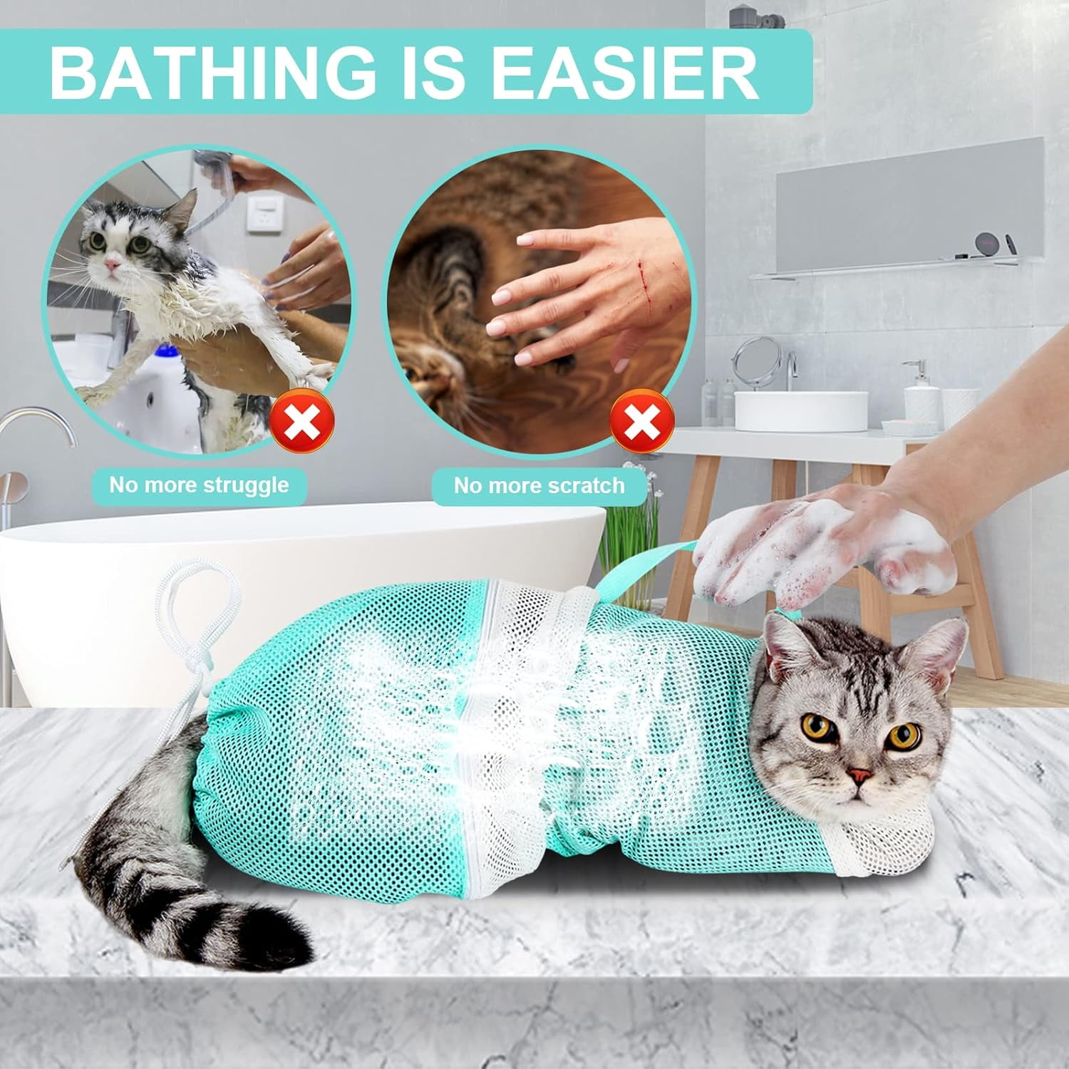 Cat Bathing Bag Adjustable Cat Grooming Net Bag Anti-bite & Anti