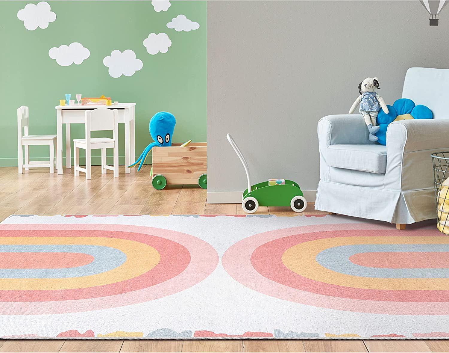 Well Woven Kids Rugs Crescent Rainbow Modern Multi Color Printed Distressed Machine Washable 3'3" x 5' Area Rug