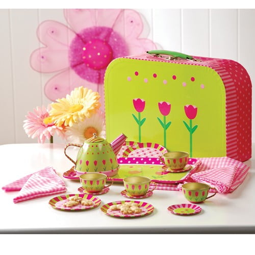 Constructive Playthings TakeAlongTinTea Set with Case, Yellow/Pink