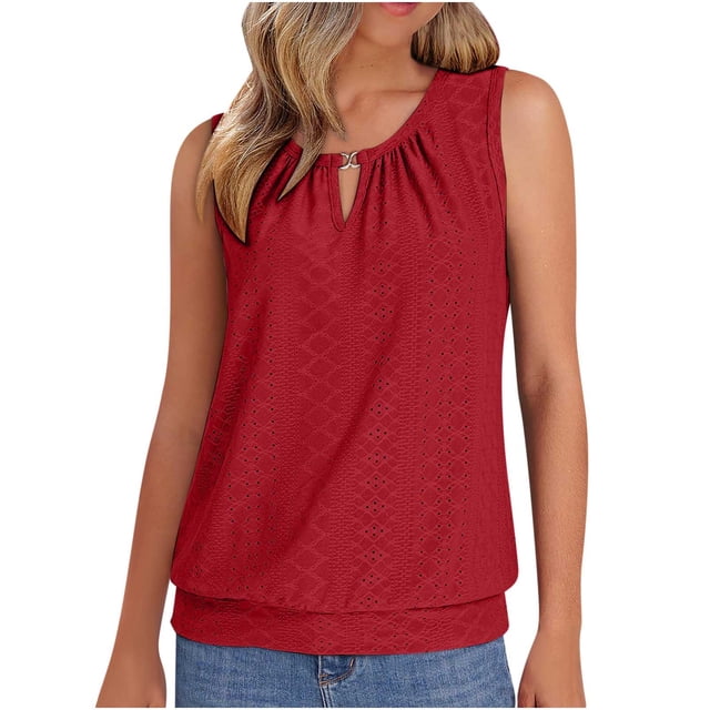 ohmzyzo Womens Tank Tops Keyhole V Neck Summer Tops for Women 2025 Eyelet Embroidered Loose Fit Tank Tops