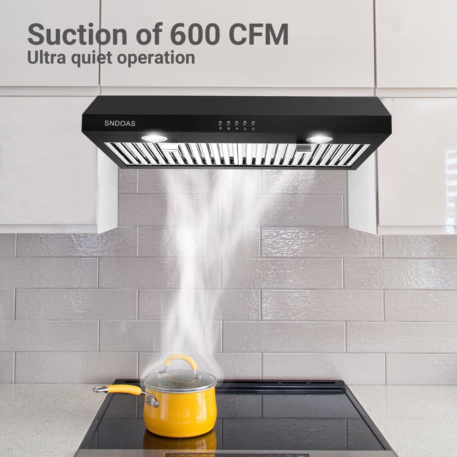 SNDOAS 600CFM 30 inch Kitchen Under Cabinet Range Hood Black Cook Fan with LED Light 120V