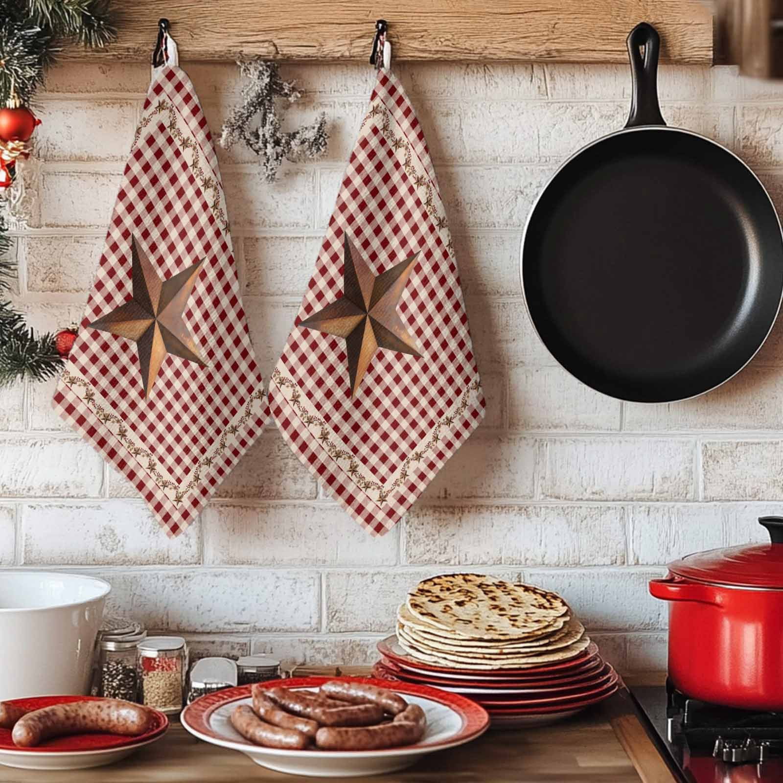 Brown Western Texas Star Vintage Kitchen Towels Set of 1, Rustic Farmhouse Red Plaid Absorbent Dish Towels for Kitchen, Microfiber Hand Towel, Quick Drying Tea Towel for Cleaning Dishcloths