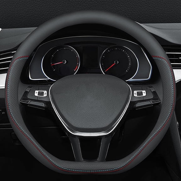 Universal 15 Inch D-Shaped Nappa Leather Car Steering Wheel Cover, Anti-Slip Flat Bottom Steering Wheel Cover for Most Cars, Trucks, SUV, Comfortable Driving Grip, Interior Accessories, Black