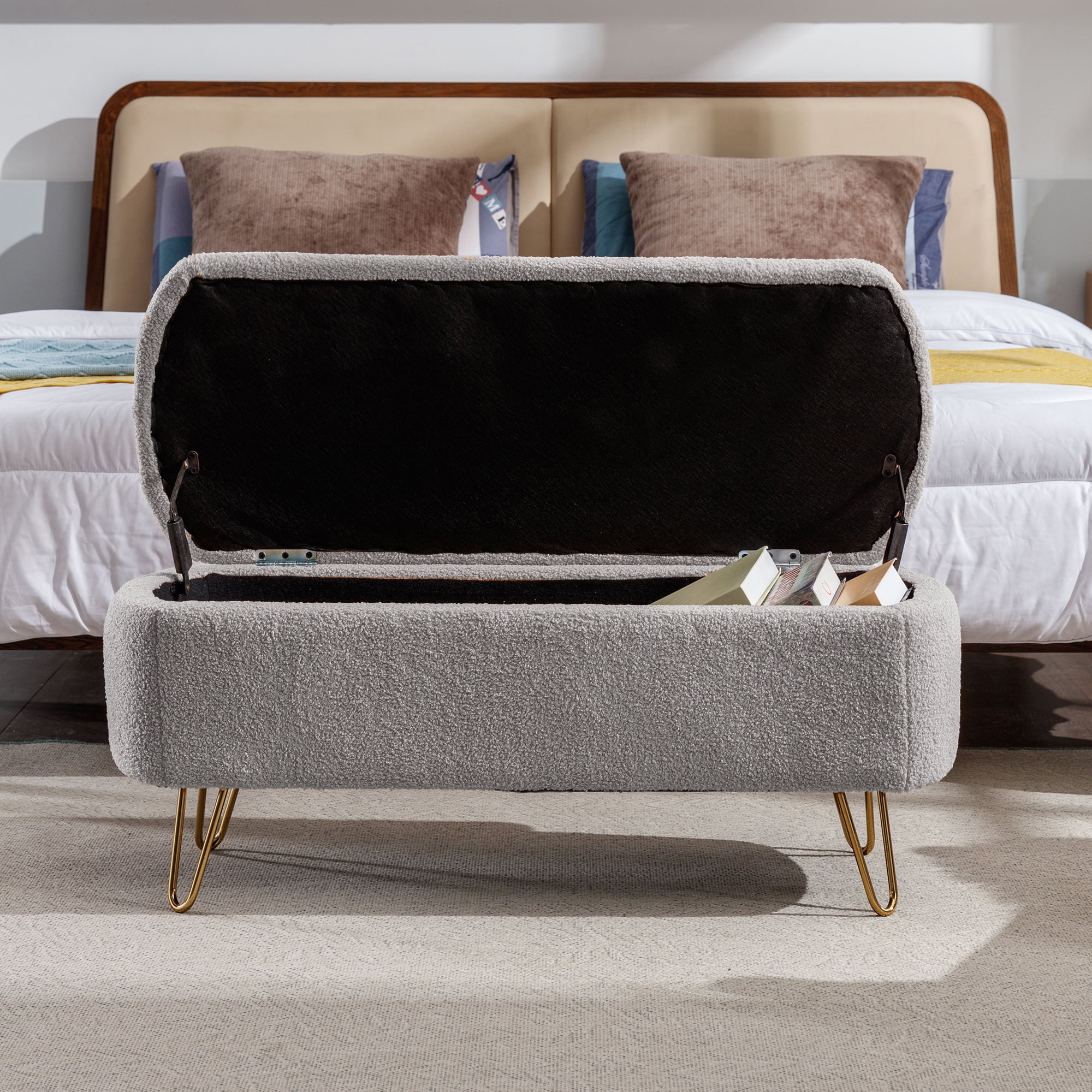 LEHZROAJ Upholstered Storage Bench,Rectangular Padded Ottoman, Shoe Storage with Gold Legs, End of Bed for Bedroom, Entryway, and Living Room(Gray)