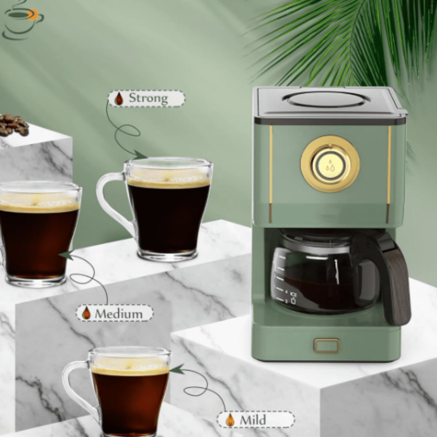 Drip Coffee Maker, Coffee Machine with 25 Oz Glass Coffee Pot, Retro Style Coffee Maker with Reusable Filter & Three Brewing Modes, 30minute-Warm-Keeping, Matcha Green