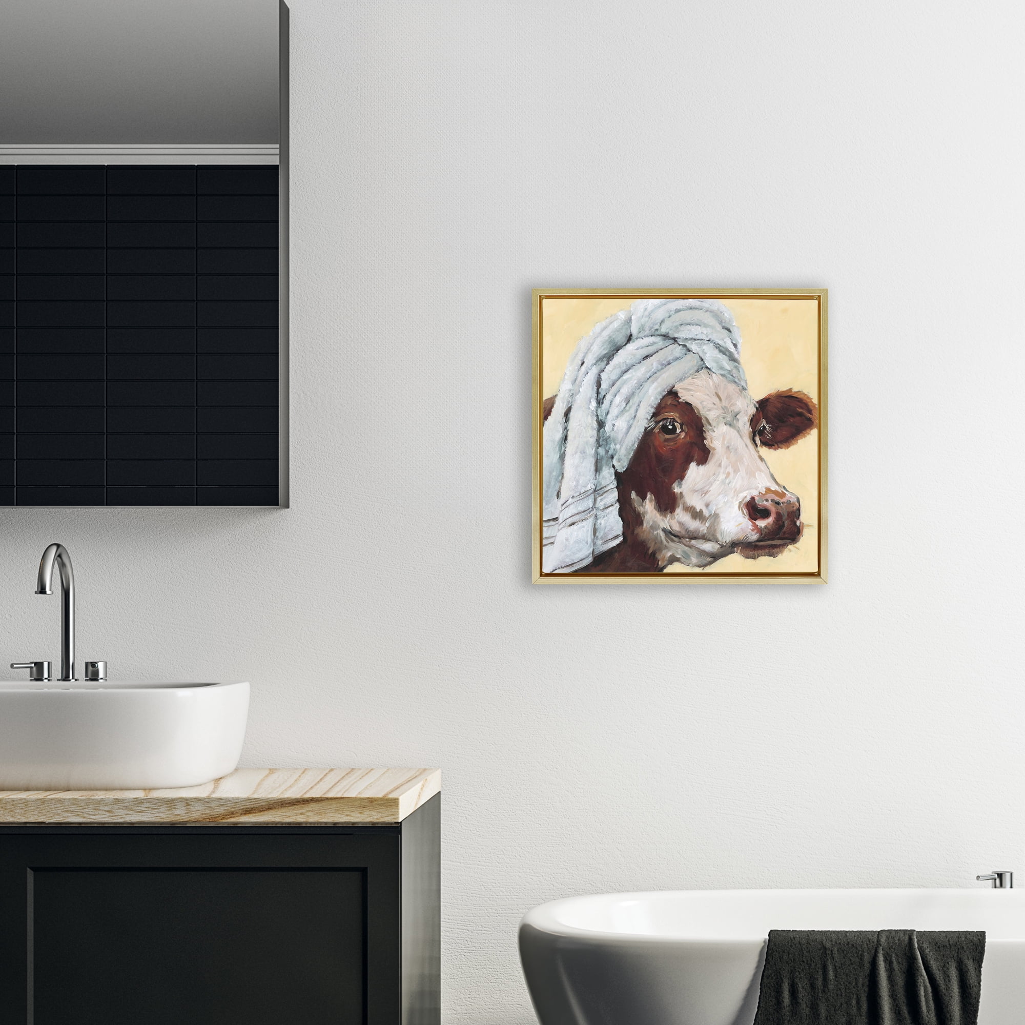 Stupell Industries Cow Spa with Towel Gold Framed Floater Canvas Wall Art, design by Studio Bautista