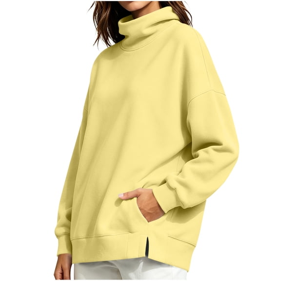 Lenpel Sweatshirts for Women Fall Mock Neck Long Sleeve Tops Oversized Solid Color Casual Loose Warm Pullover(Yellow,X-Large)