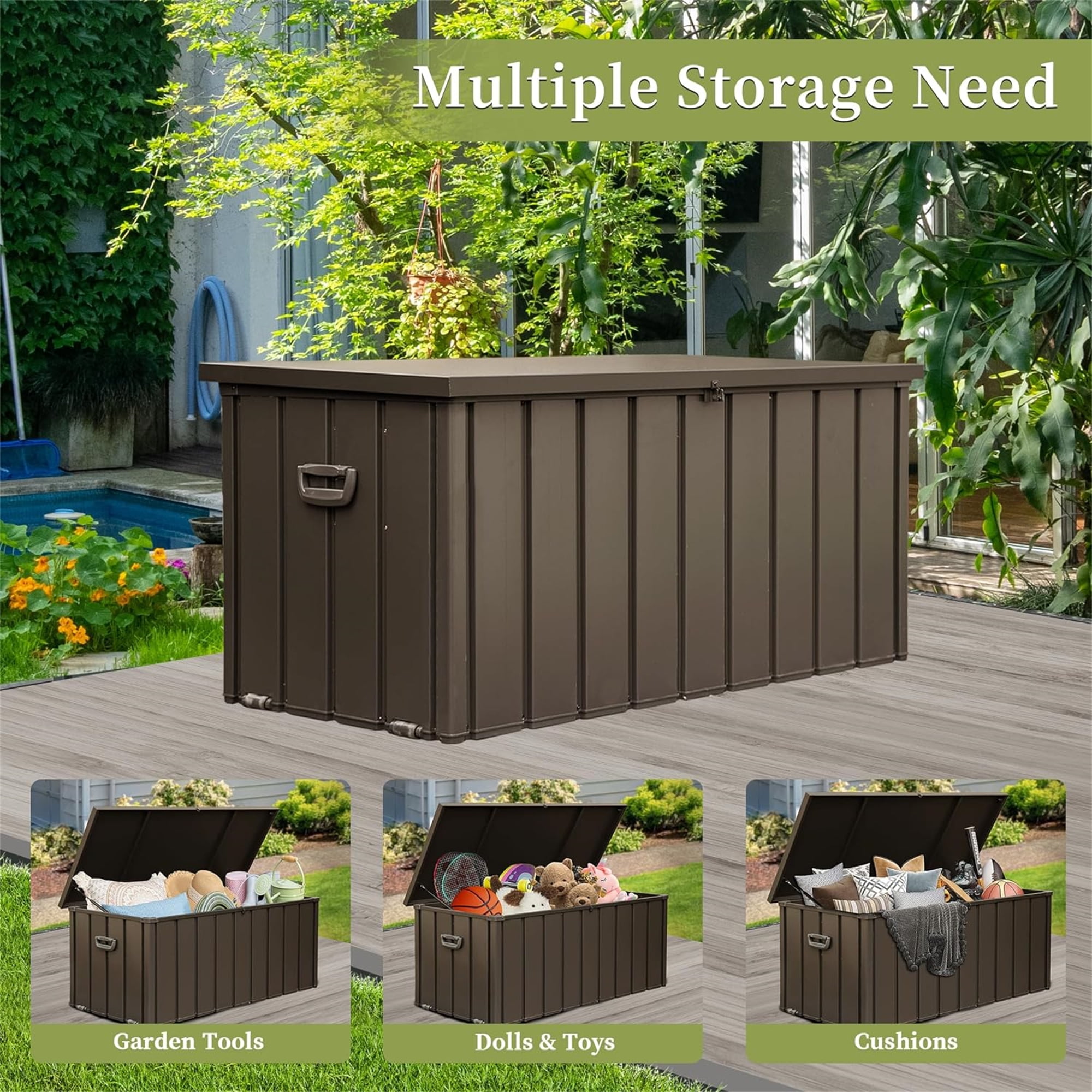 Aimee Lii 100 Gallon Outdoor Storage Deck Box Waterproof, Large Patio Storage Bin for Outside Garden Tools, Lockable, Brown