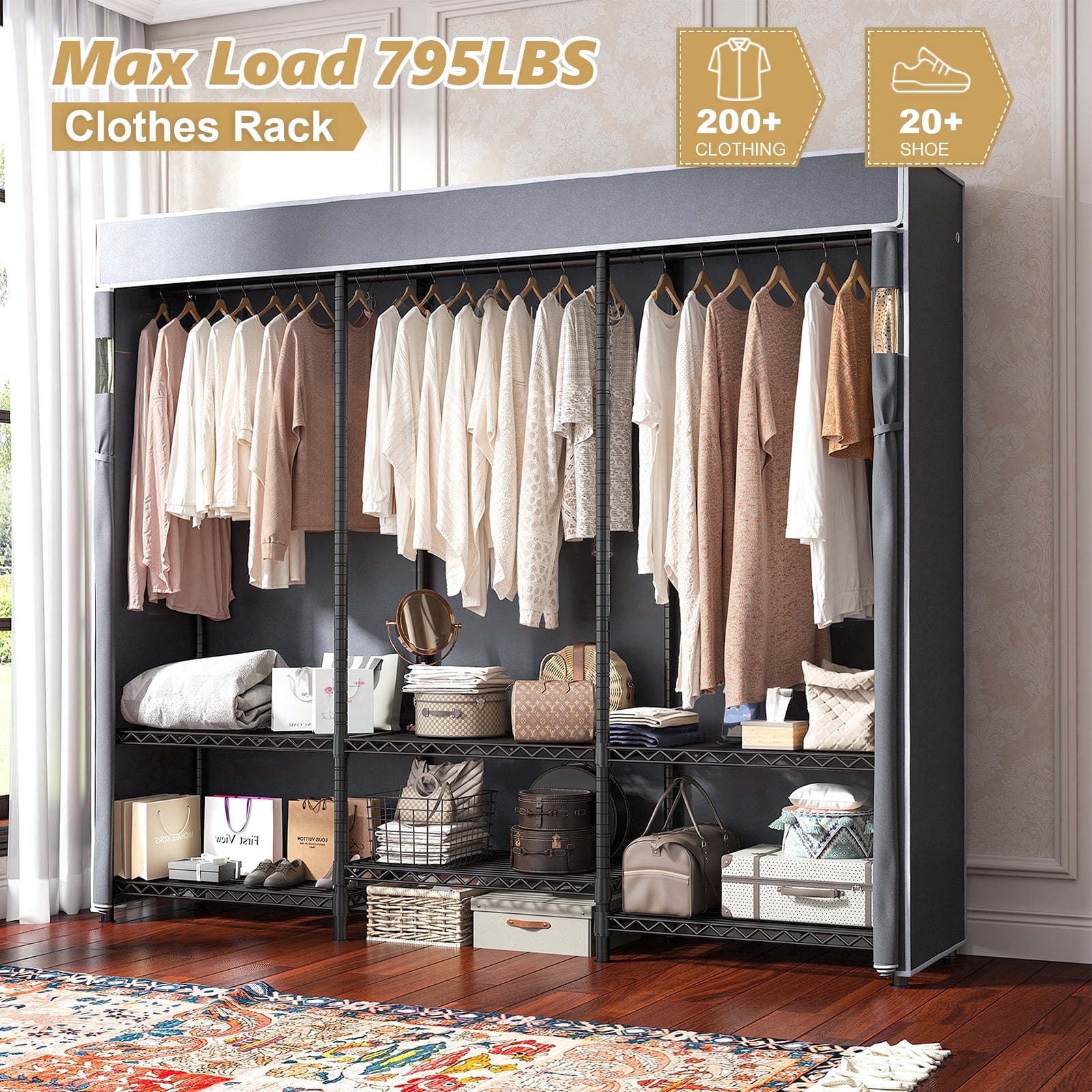 melmine Heavy Duty Clothes Rack with Dustproof Cover,Adjustable Garment Rack with Shelves,Freestanding Wardrobe Organizer for Bedroom,800lbs Capacity,Black