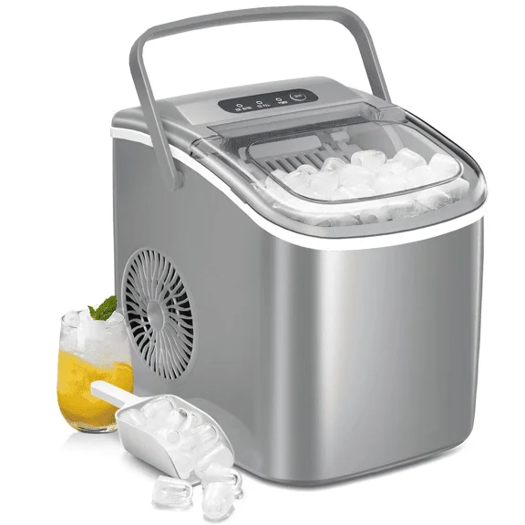 Havato Countertop Ice Maker, 9 Bullet Ice Cubes in 6 Mins, 26lbs/24H, w/ Scoop & Basket, Platinum Grey