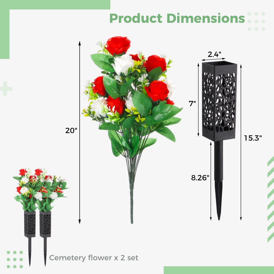 2 Sets Artificial Cemetery Flowers, Memorial Flowers, Beautiful Arrangements for Headstones, Black Plastic Vase Base with Drainage Holes Long Spikes for Outdoor Memorials