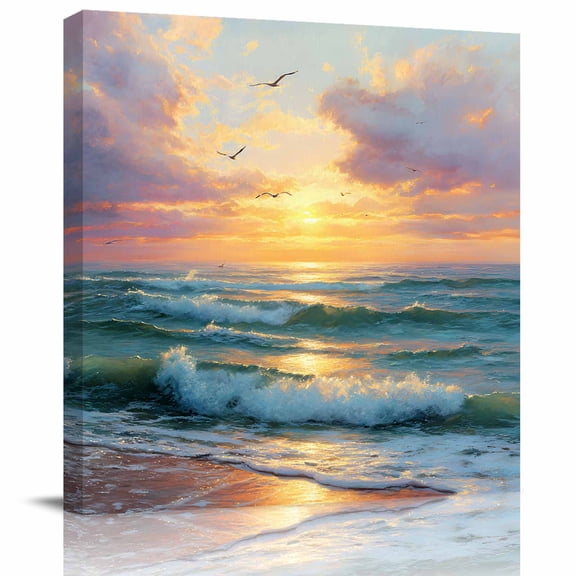 Wall Art Prints, Summer Ocean Waves Framed Canvas Prints for Bedroom Living Room Bathroom Office, Watercolor Cloud Sunset Seagull Gallery Wrap Wall Art Poster for Gifts Home Decor 8"x8"