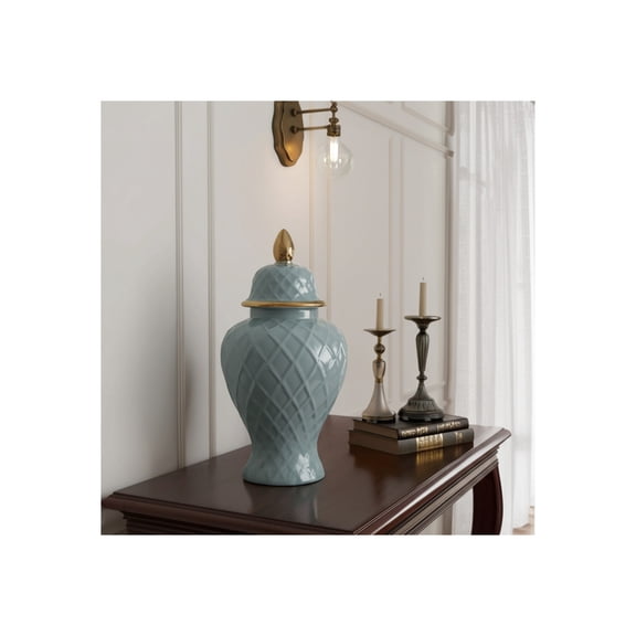 Decorative Ceramic Jar with Lid for Living Room and Home Decor - Elegant Flower Jar Accent for Bedroom or Office Display - Sculpted Table Accent for House Decoration - 20", Blue & Gold